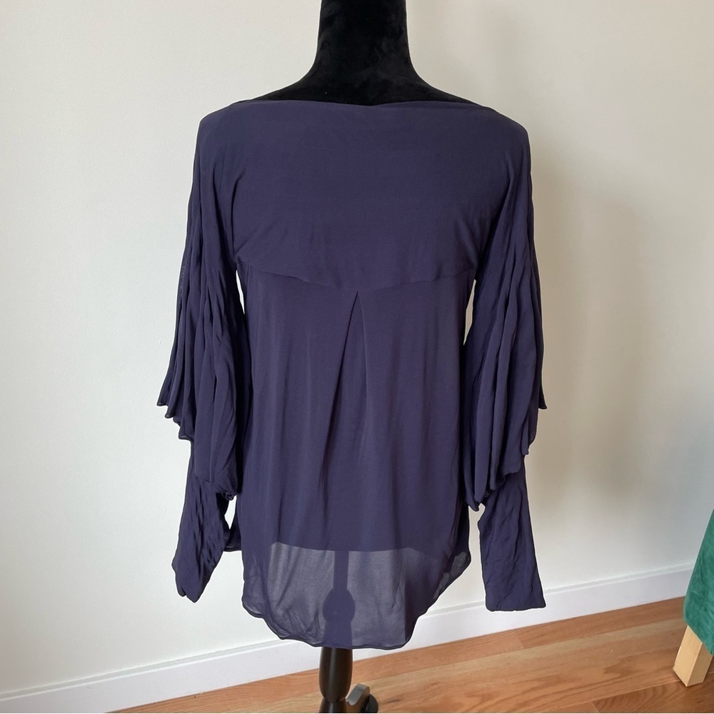 Doo.Ri Blue Viscose Blend Intricate Puff Sleeve Boat Neck Blouse EUC Size 6 - Picture 3 of 8